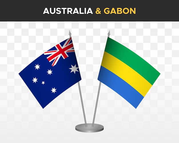 Australia vs Gabon desk flags mockup isolated 3d vector illustration table flags
