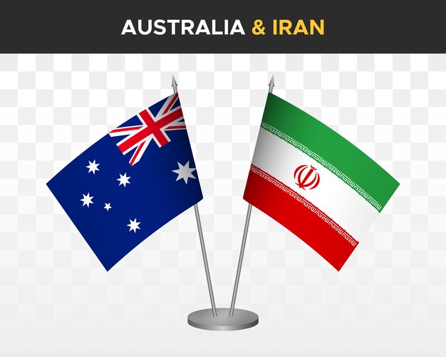 Bandiere da scrivania australia vs iran mockup isolate 3d illustrazione vettoriale bandiere da tavolo