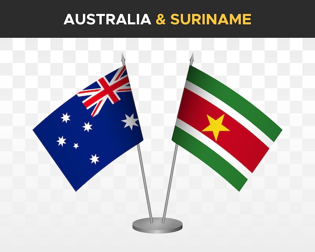 Макет флагов стола Австралии и Суринама изолированных трехмерных векторных иллюстраций флагов стола
