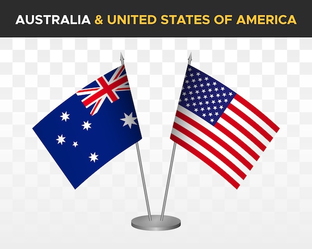 Australia vs USA United States America desk flags mockup isolated 3d vector illustration table flags