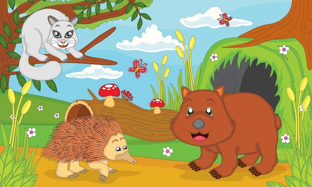 Vector australian animal illustration, wombat, echidna and possum with forest scenery background