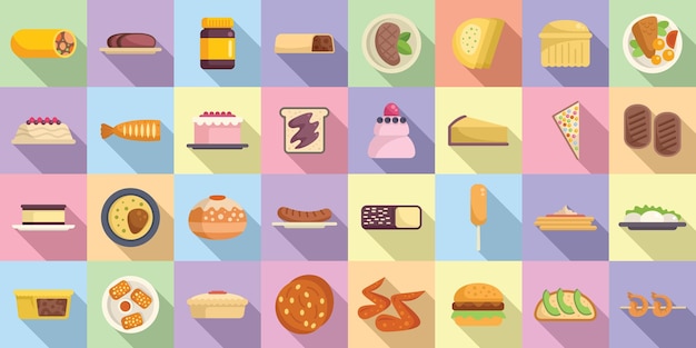 Australian cuisine icons set flat vector Cake fresh Dish dinner