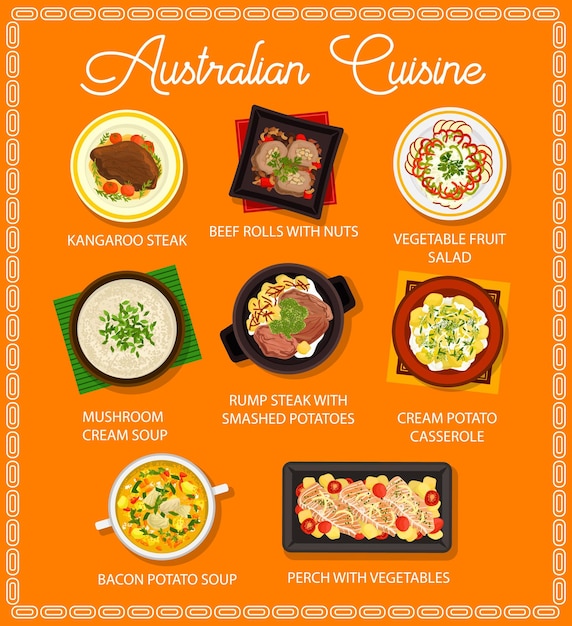 Menu del ristorante di cucina australiana con carne alla brace