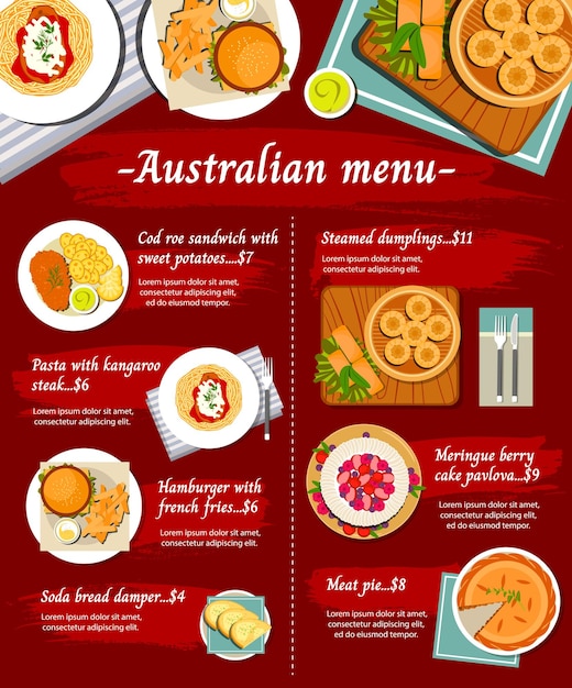 Australian food cuisine, menu dishes and Australia meals, restaurant lunch and dinner