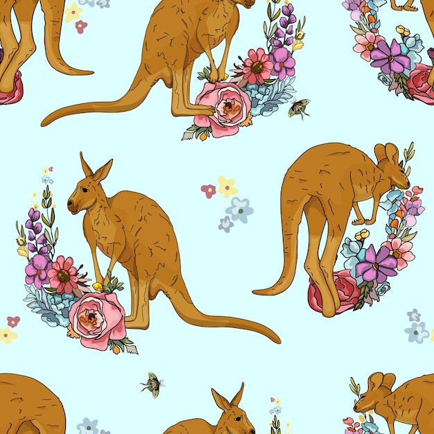 Vector australian kangaroo pattern flowers bright animal retro pattern for printing