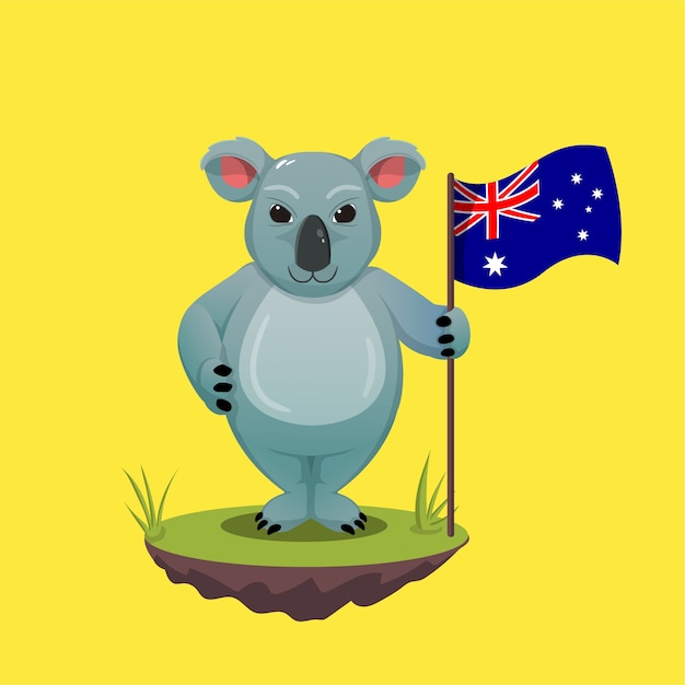 호주 국기를 들고 푸른 잔디에 서있는 호주 코알라. 행복한 호주의 날 축하