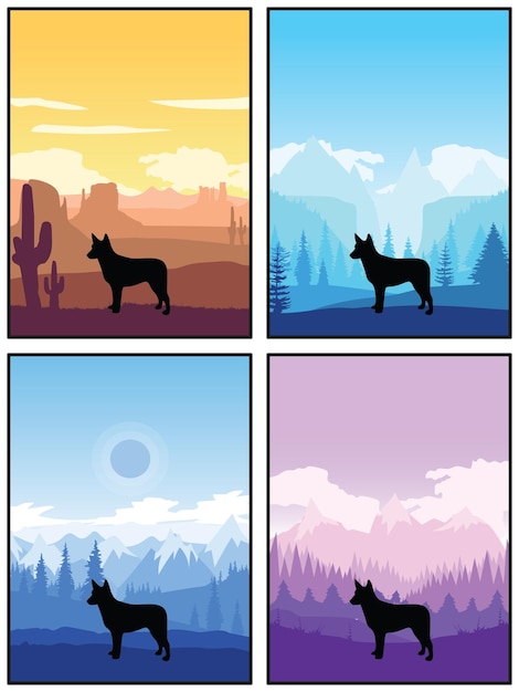 Vector australian stumpy tail cattle dog breed silhouette sunset forest nature background 4 posters cards