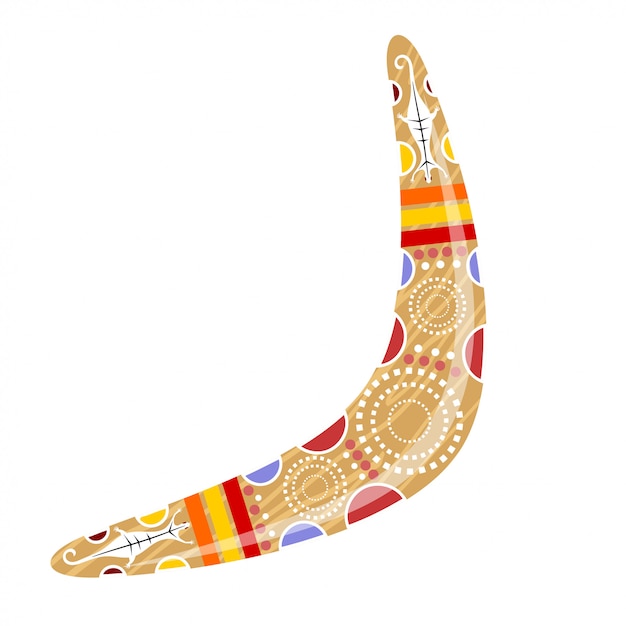 Boomerang di legno australiano. boomerang dei cartoni animati. illustrazione del boomerang colorato lucertola tribale. stock vettoriale