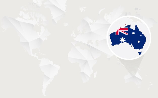 Vector australië kaart met vlag in contour op witte veelhoekige wereldkaart