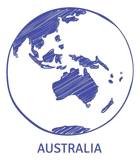 Vector australië op wereldbol wereldkaartschets in peninktstijl