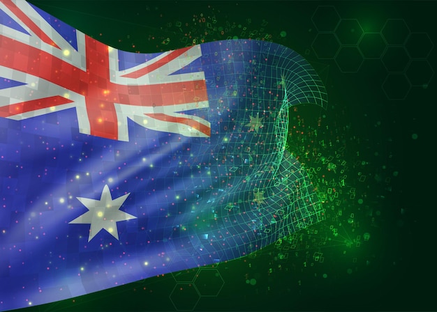 Vector australië; vector 3d-vlag op groene achtergrond met veelhoeken en gegevensnummers