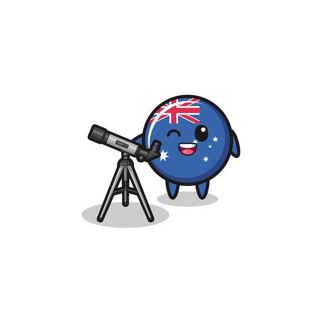 Australië vlag astronoom mascotte met een modern telescoop schattig ontwerp