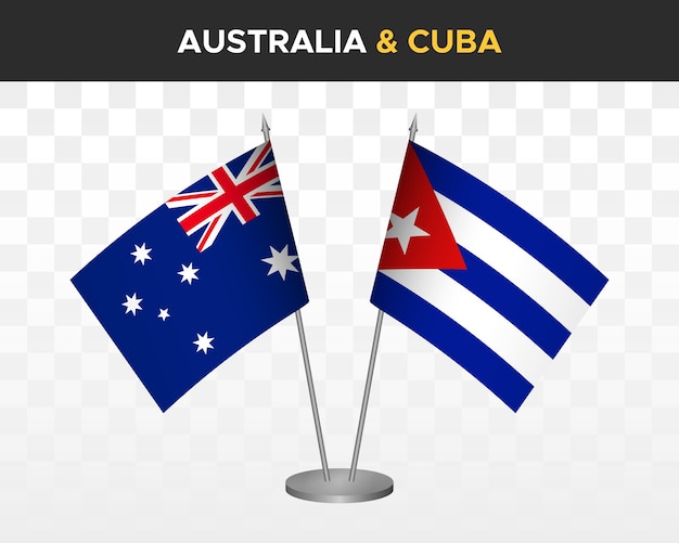 Australië vs Cuba bureauvlaggen mockup geïsoleerde 3d vector illustratie tafelvlaggen