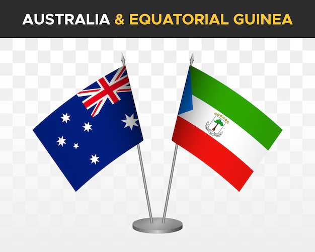 Australië vs equatoriaal-guinea bureauvlaggen mockup geïsoleerde 3d vector illustratie tafelvlaggen