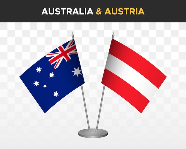 Australië vs Oostenrijk bureau vlaggen mockup geïsoleerde 3d vector illustratie tafelvlaggen