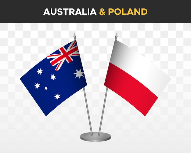 Australië vs Polen bureau vlaggen mockup geïsoleerde 3d vector illustratie tafel vlaggen