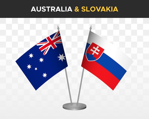 Australië vs Slowakije bureau vlaggen mockup geïsoleerde 3d vector illustratie tafelvlaggen