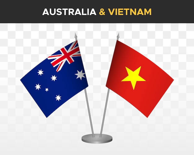 Australië vs Vietnam bureauvlaggen mockup geïsoleerde 3d vector illustratie tafelvlaggen