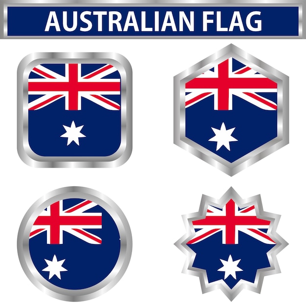 Australische pictogramvlag rond, zeshoek, twaalfde en vierkant. Roestvrij frame. vector illustratie