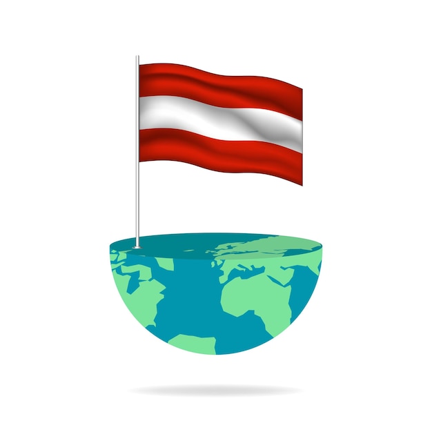 Флагшток Австрии на земном шаре. Флаг развевается по всему миру. Простое редактирование и вектор в группах.