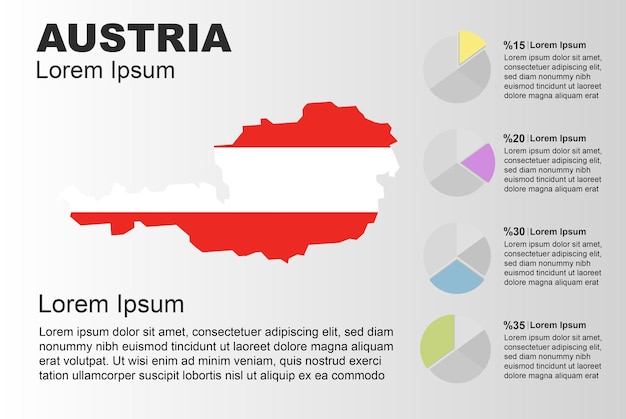 그래픽이 있는 원형 차트 오스트리아 국가 플래그 지도가 있는 오스트리아 infographic 일반 사용 벡터 템플릿