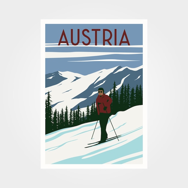 Austria ski resort vintage poster travel illustration design, winter travel design