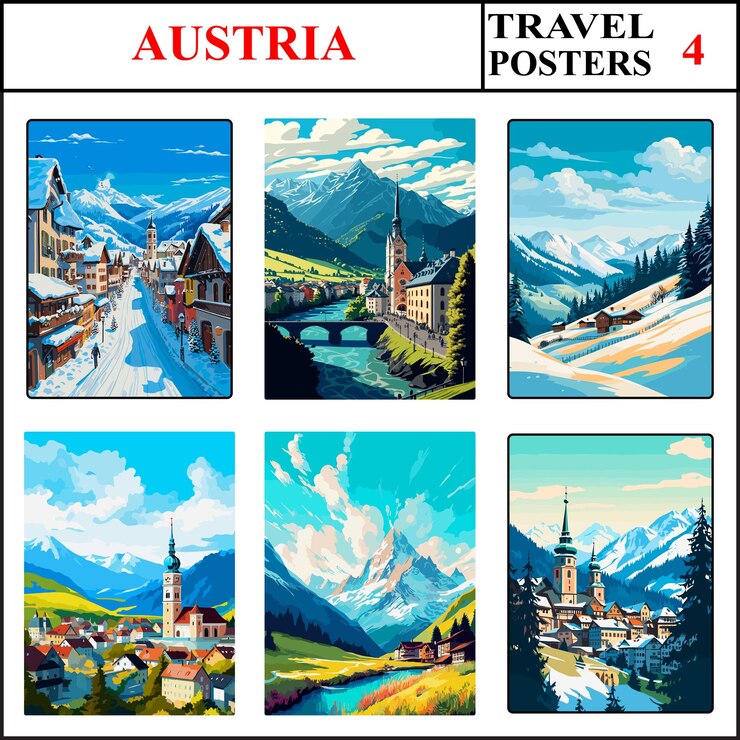 Vector austria st anton am arlberg golling an der salzach saalbach travel poster wall art print set part 4