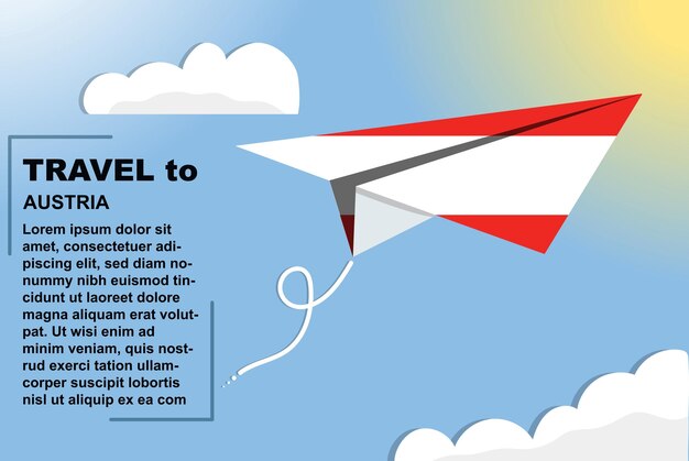 Векторный баннер Австрии с бумажным флагом и текстовым космическим флагом на концепции отпуска бумажного самолета