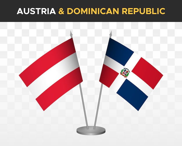 Макет настольных флагов Австрии и Доминиканской Республики, изолированные трехмерные векторные иллюстрации, флаги таблицы