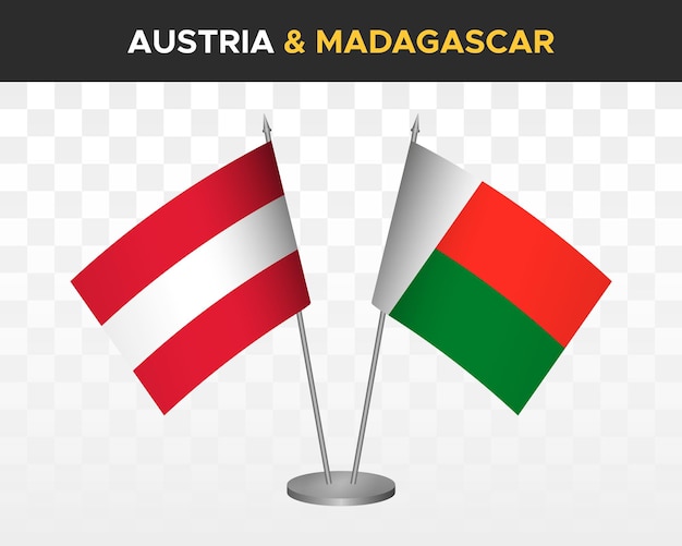 Austria vs madagascar desk flags mockup isolated 3d vector illustration table flags