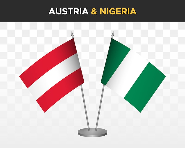 Bandiere da scrivania austria vs nigeria mockup isolate 3d illustrazione vettoriale bandiere da tavolo