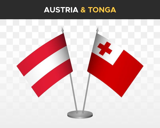 Austria vs tonga desk flags mockup isolated 3d vector illustration table flags