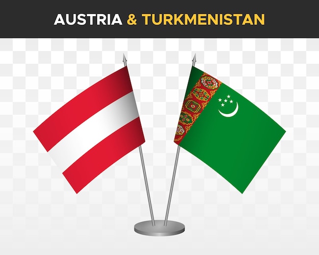 Bandiere da scrivania austria vs turkmenistan mockup isolato 3d illustrazione vettoriale bandiere da tavolo