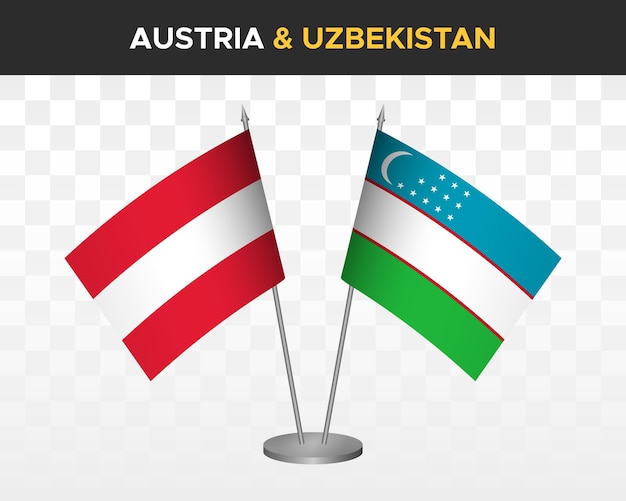 Bandiere da scrivania austria vs uzbekistan mockup isolate 3d illustrazione vettoriale bandiere da tavolo