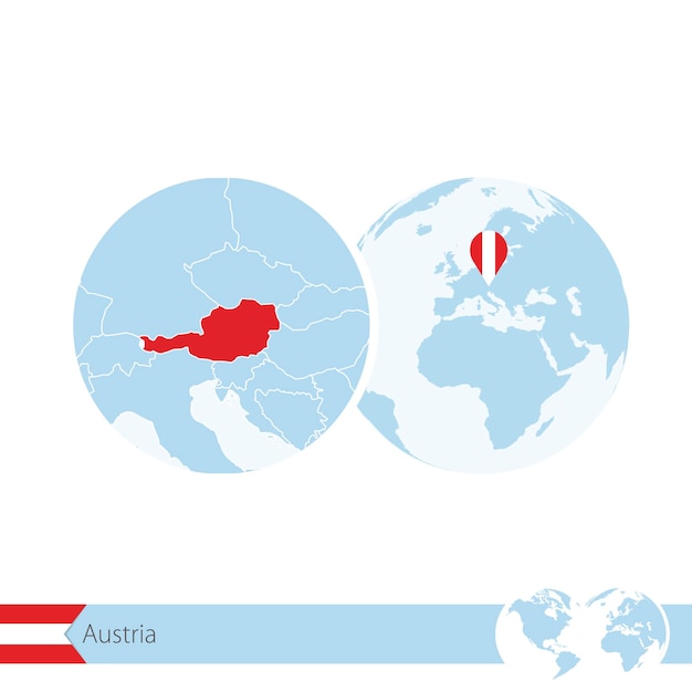 オーストリアの旗と地域の地図で世界のオーストリア。ベクトルイラスト。