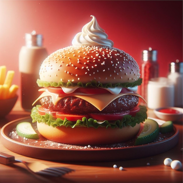 Vector authentic burger illustration amidst red tones