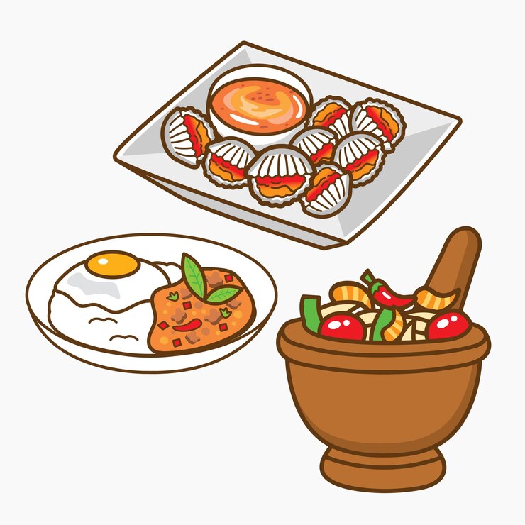 Vector authentic cartoon thai street food collection