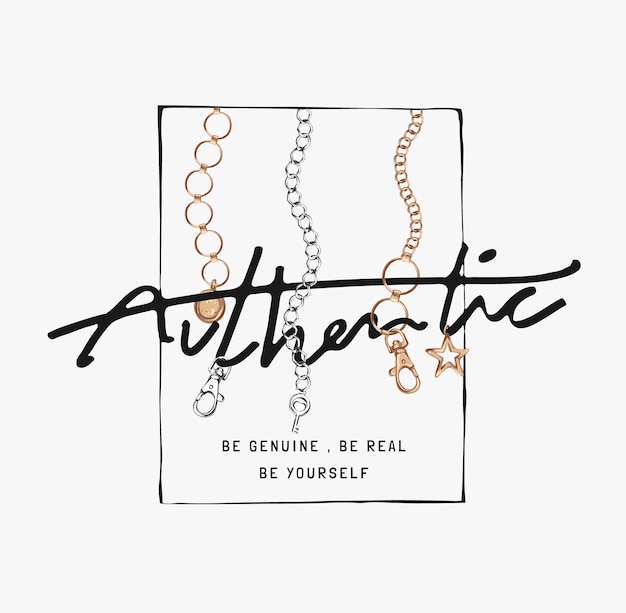 Authentic slogan in square frame with gold and silver chain laces illustration