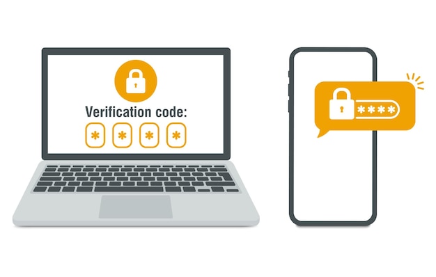 Authenticatie in twee stappen verificatie push-codebericht op smartphone kennisgeving met code voor veilig inloggen of inloggen twee-factor-verificatie via laptop en telefoon vector illustratie