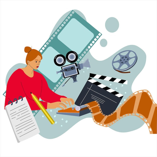 The author is working on a script for the film using a typewriter Vector illustration for the screenwriter's banner