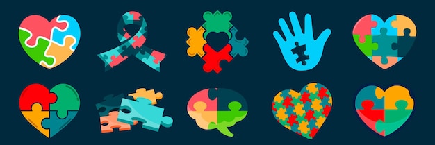 Vector autism awareness day element collection set of autism puzzle pieces icons autism awareness day with heart hand brain puzzle elements