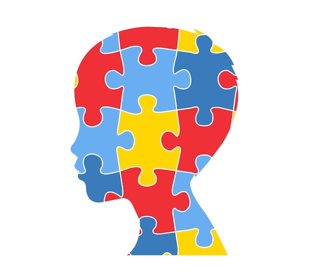 Vector autism awareness day illustration human head profile with puzzle