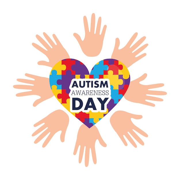 Autism awareness day open hands and heart with puzzles