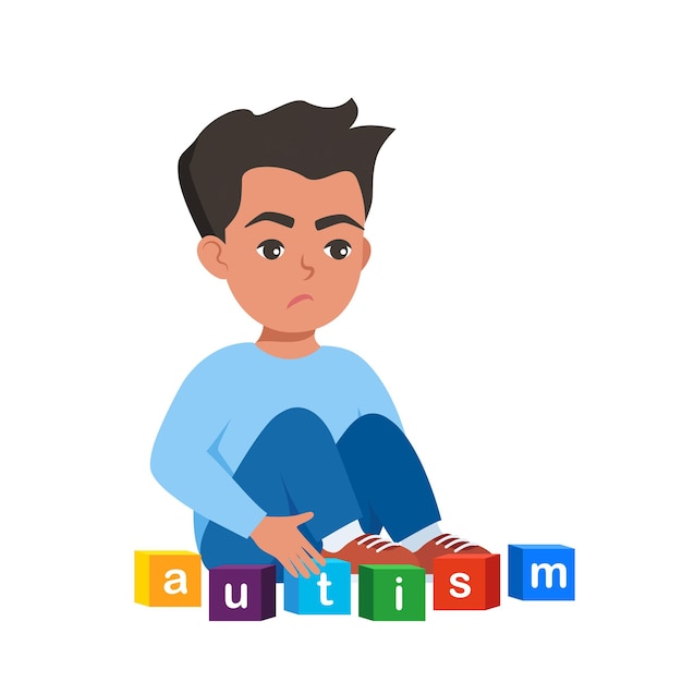 Autism concept Boy feeling lonely Sad boy sitting on floor surrounded by cubes toys