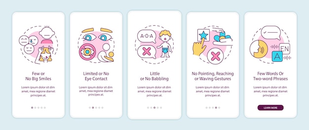 Autism signs in kids onboarding mobile app page screen. no big smiles, eye contact walkthrough 5 steps graphic instructions with concepts. ui, ux, gui vector template with linear color illustrations