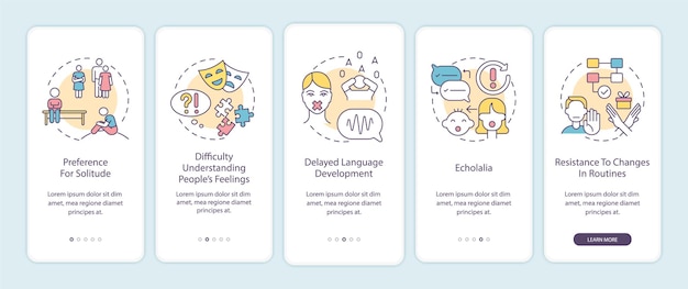 자폐증 징후 온보딩 모바일 앱 페이지 화면. 고독에 대한 선호, echolalia 연습 5 단계 그래픽 지침 개념. 선형 컬러 일러스트레이션이 있는 UI, UX, GUI 벡터 템플릿