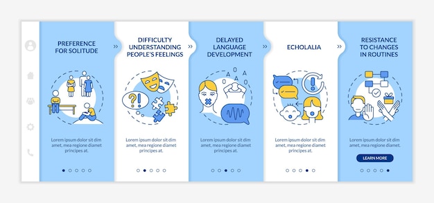 autism spectrum disorder signs onboarding vector template. responsive mobile website with icons. web page walkthrough 5 step screens. language development delay color concept with linear illustrations