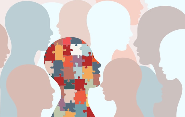 Autism syndrome concept Jigsaw that forms human head in profile With other people's background