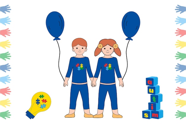 Vettore bambini autistici con palloncino blu, lampadina gialla con puzzle e piramide di cubetti da giocattolo