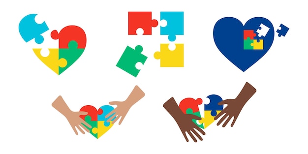 Autistic Pride Day iconen set Wereld Autisme Maand tekens symbolen Autistic bewustzijn set puzzels